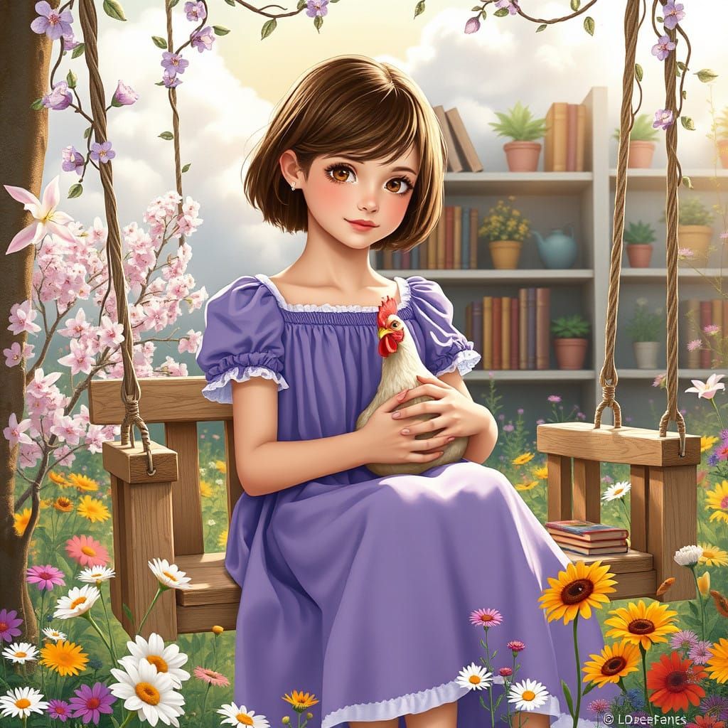 Gentle Girl Surrounded by Whimsical Garden in French Impress...