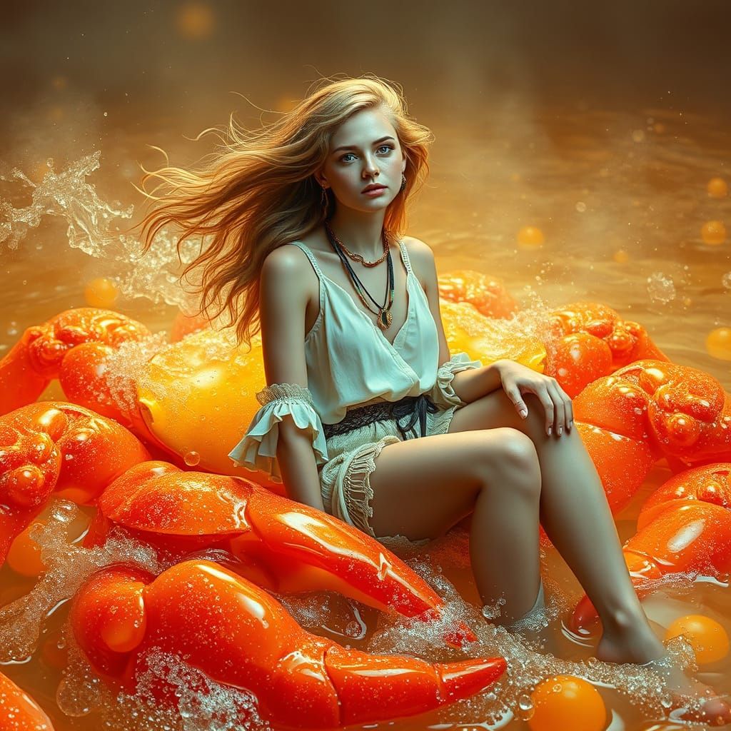 Bohemian Woman Riding Gummy Crab in Soda Sea