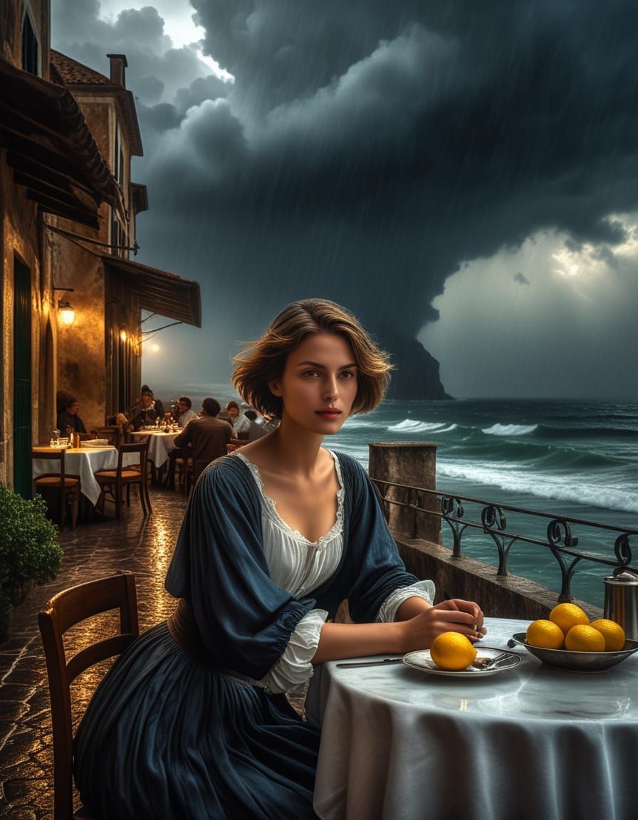 Woman in Chiaroscuro: Baroque Oil Painting of Seaside Cafe