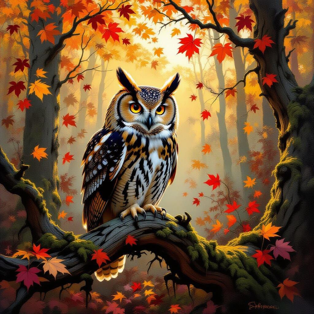 Majestic Owl in Autumn Forest Oil Painting