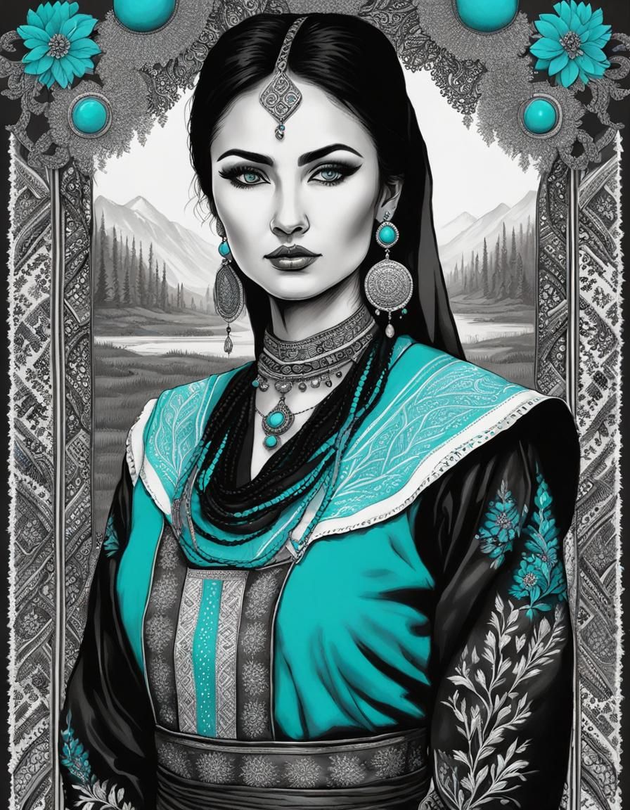 Tatar Woman Portrait in Black and White Ink