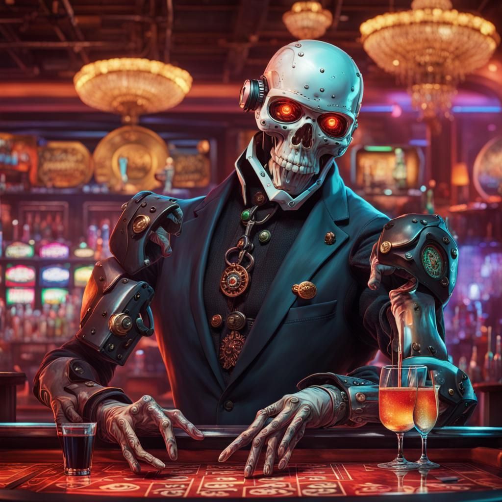 Vibrant Casino with Cyborg Bartender