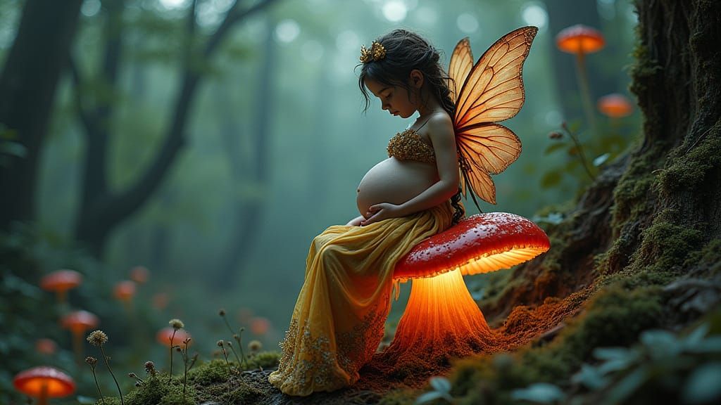 Pregnant Fairy on Mushroom, Eerie Mystical Forest