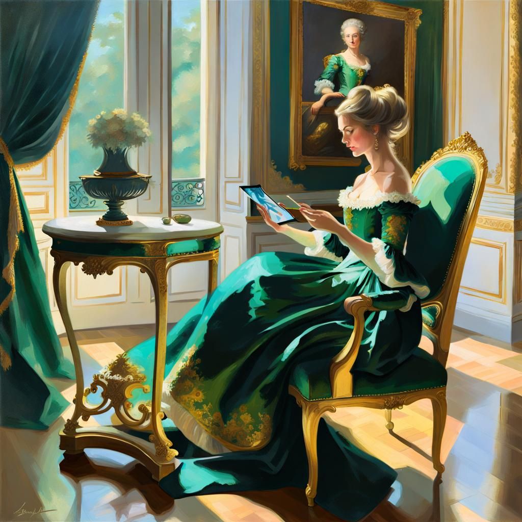 Girl in Rococo Dress Playing Tablet Game