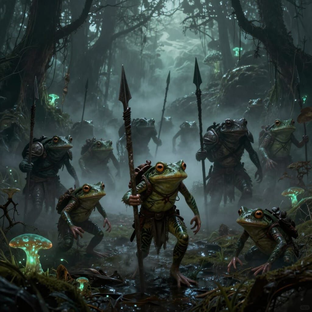 Dark Fantasy Swamp Battle: Frog Tribe vs. Adventurers