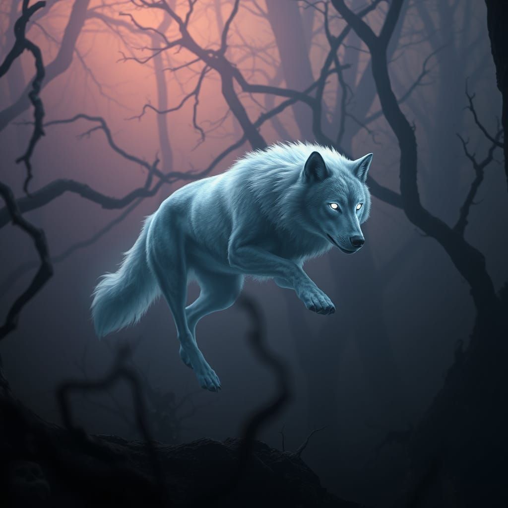 Ethereal Wolf in Haunted Forest, Cinematic Style