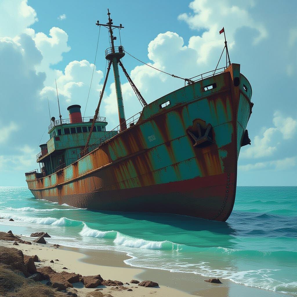 Submerged Iron Ship in Turquoise Waters, Dystopian Style