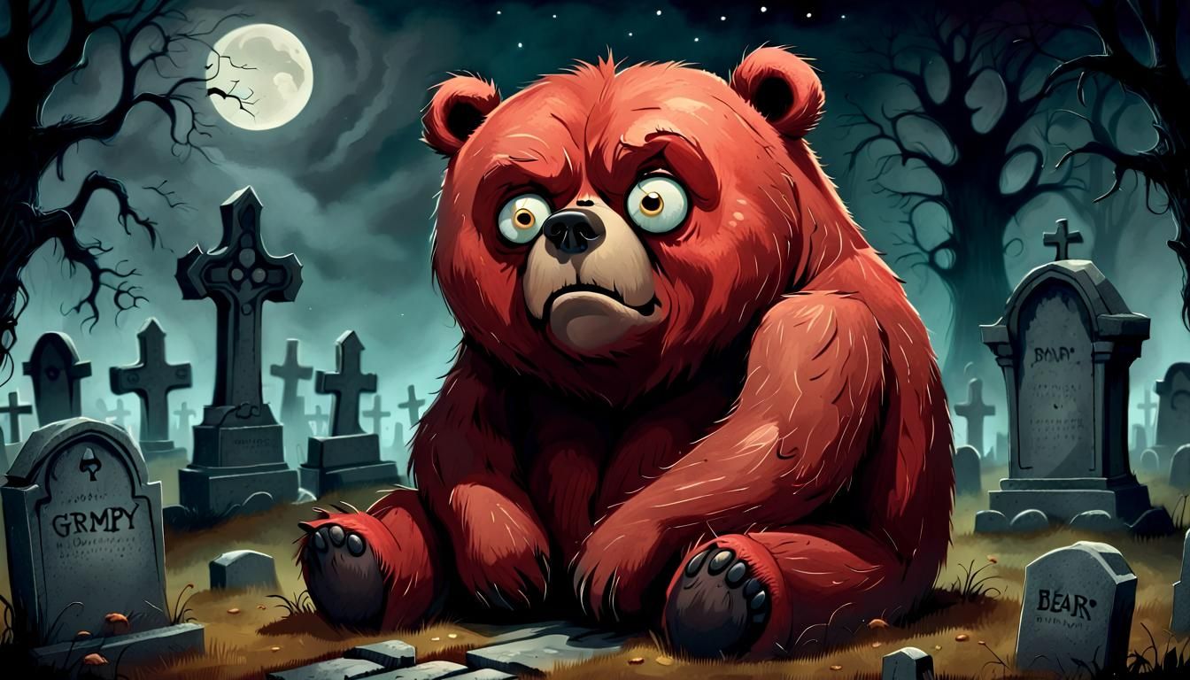 Grumpy Bear in a Haunted Graveyard Storybook Scene
