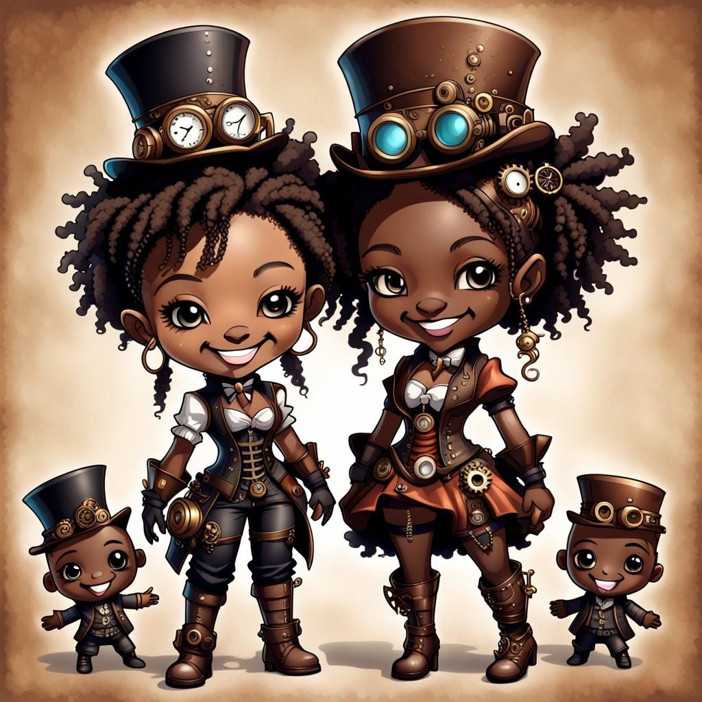 Smiling Steampunk Chibi Characters in Anthony Day Style