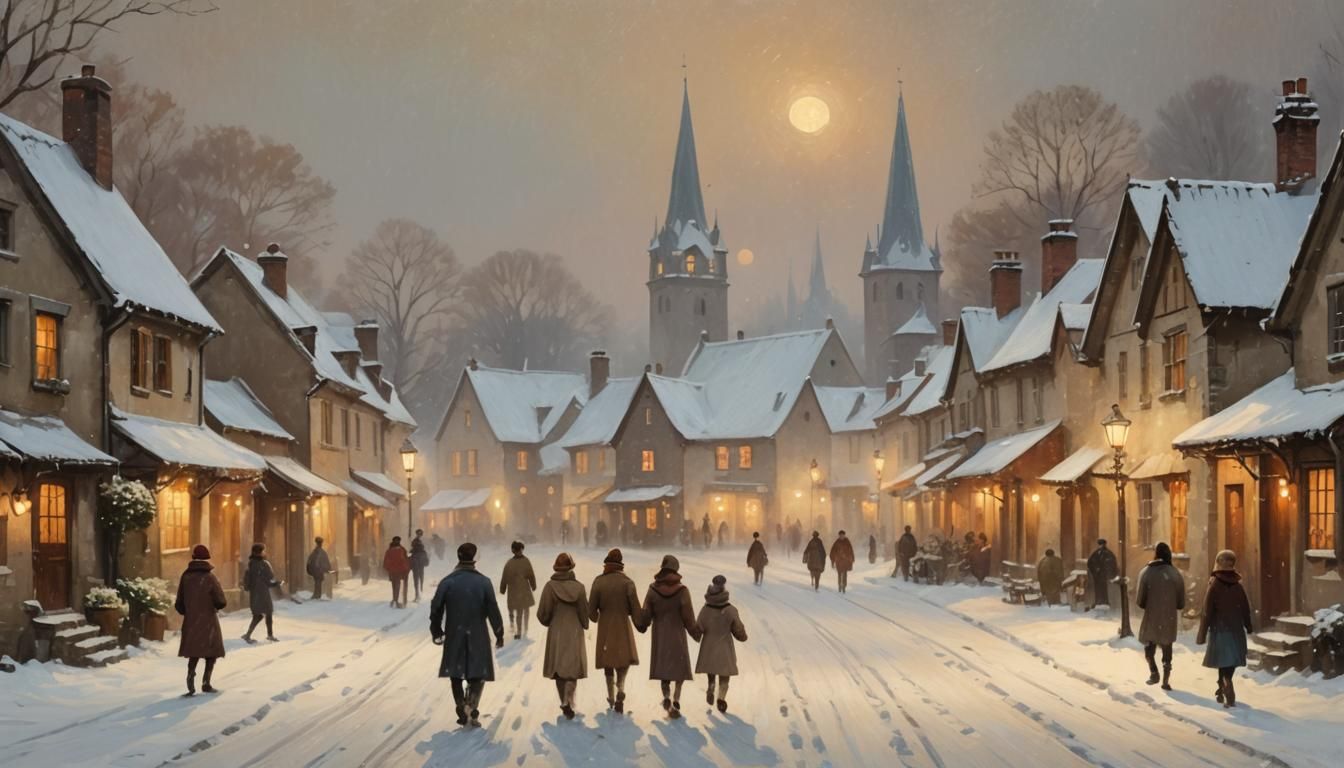 Charming Winter Village Scene in Impressionist Style
