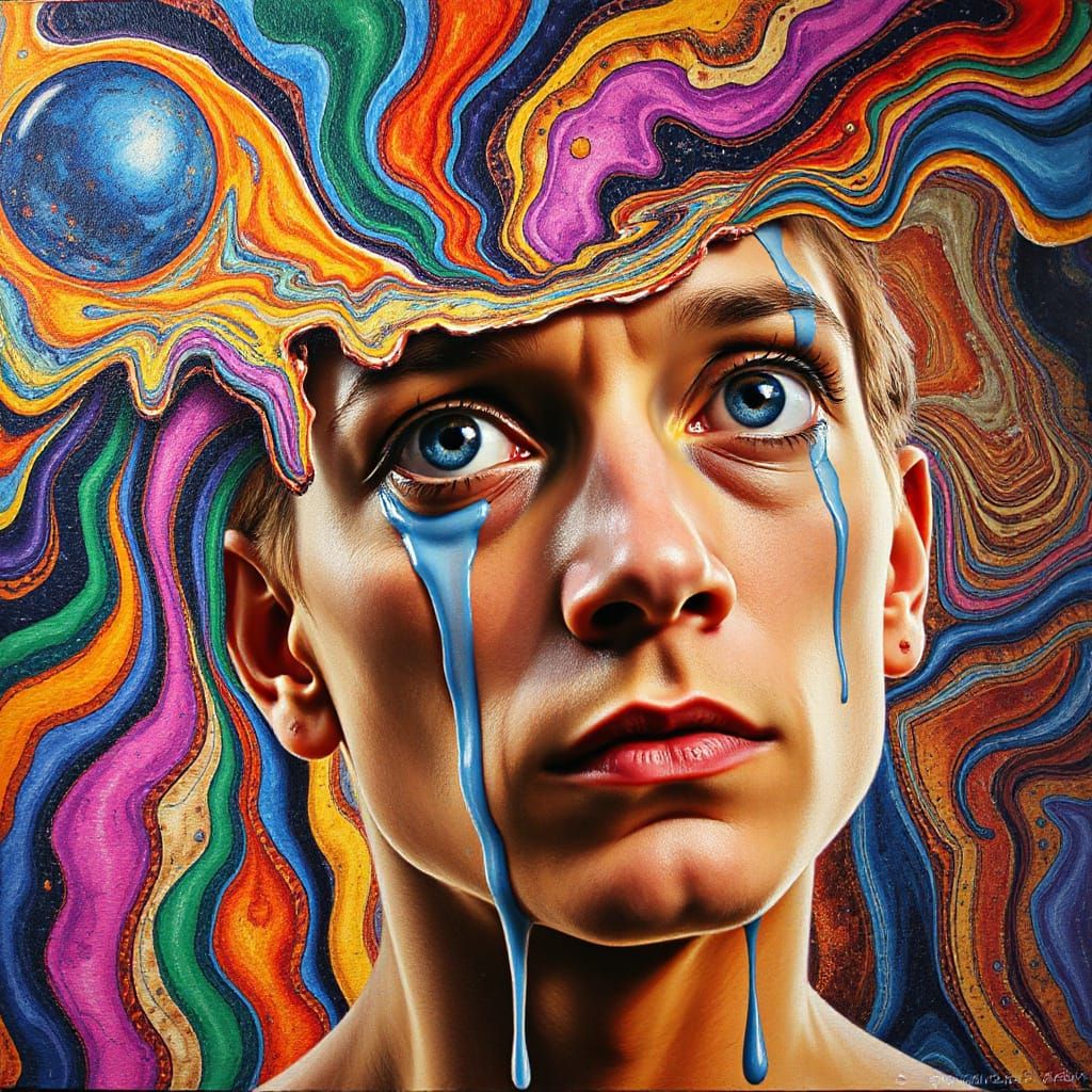A surreal portrait of a person whose face is warping and melting into a psychedelic swirl of colors