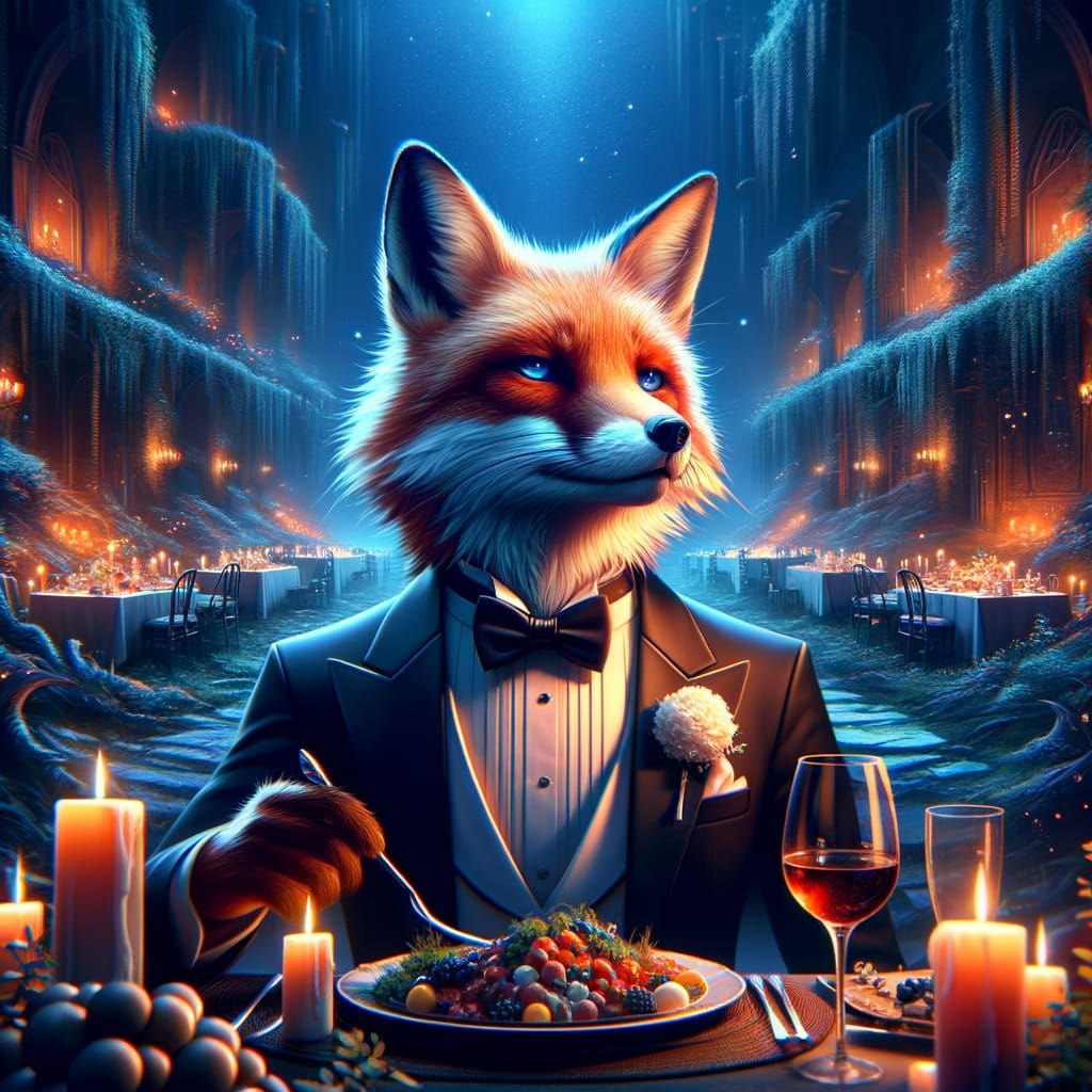 Anthropomorphic Fox in Tuxedo at Fantasy Dinner Party