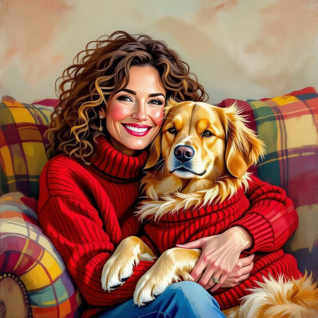 Woman and Golden Retriever Cuddle in Matching Sweaters