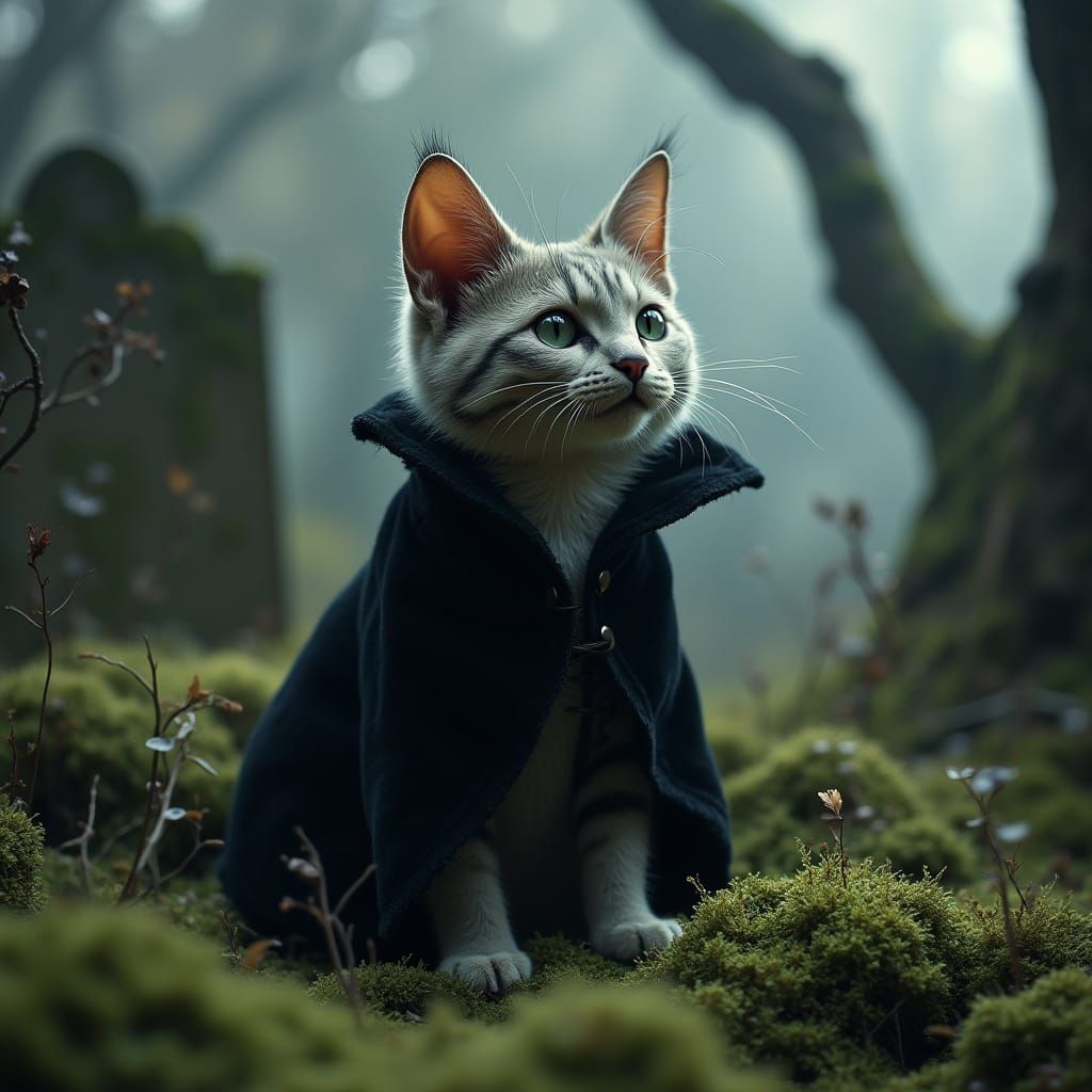 Gothic Cat Reigns in a Haunting Graveyard Scene