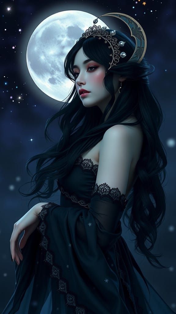 Gothic Moon Princess Portrait in Art Nouveau Style with Digi...