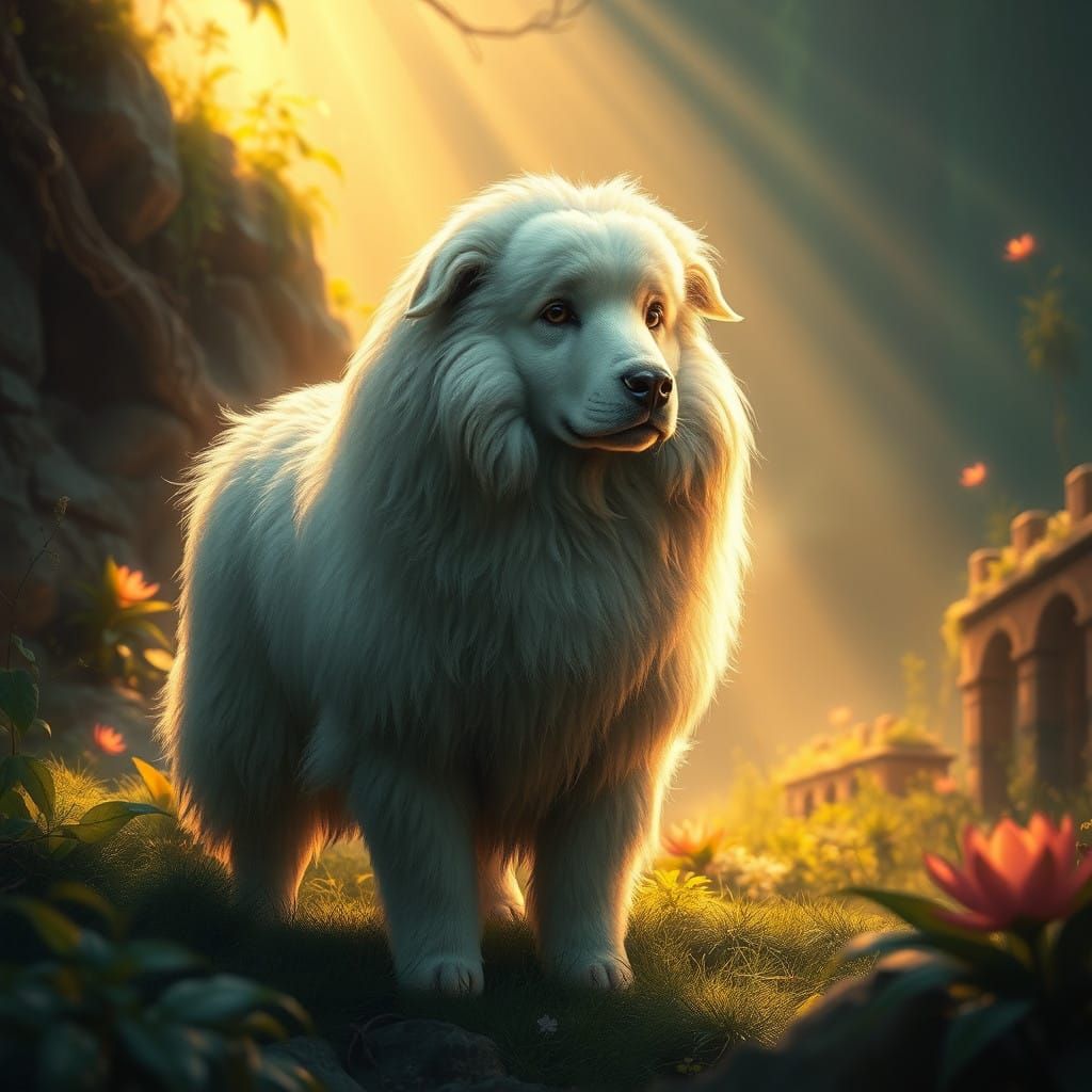 Ethereal Sheepdog in Lush, Dreamlike Landscape
