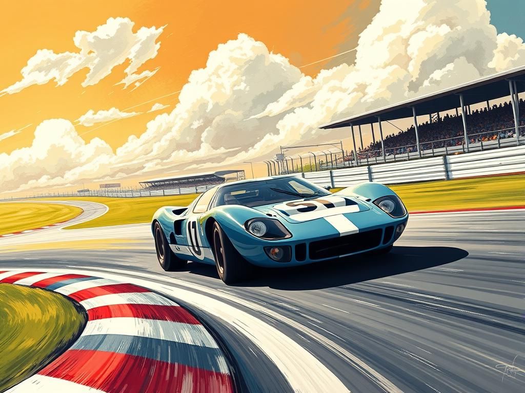 Vintage Ford GT40 Races at Le Mans in Comic Book Style