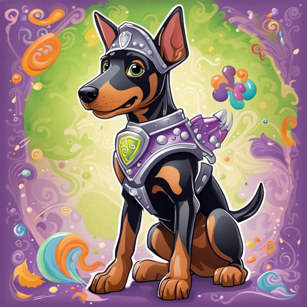 Doberman Puppy Knight in Gouache Candyland