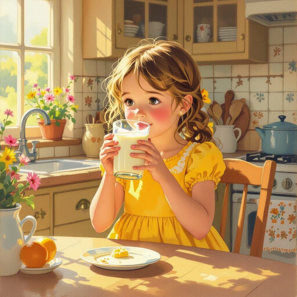 Girl Drinks Milk on Sunny Morning, Whimsical Illustration