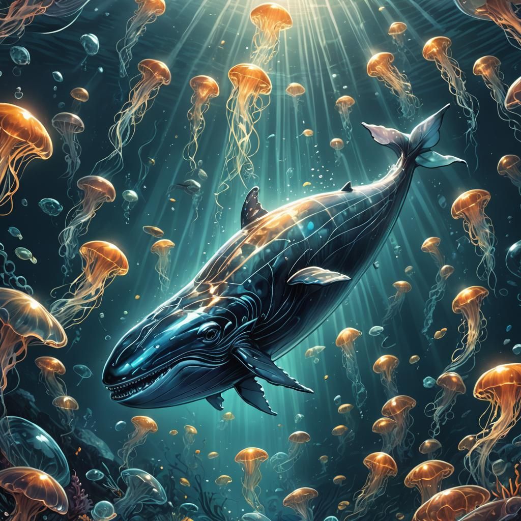 Glowing Glass Whale in Ocean, Comic Book Art