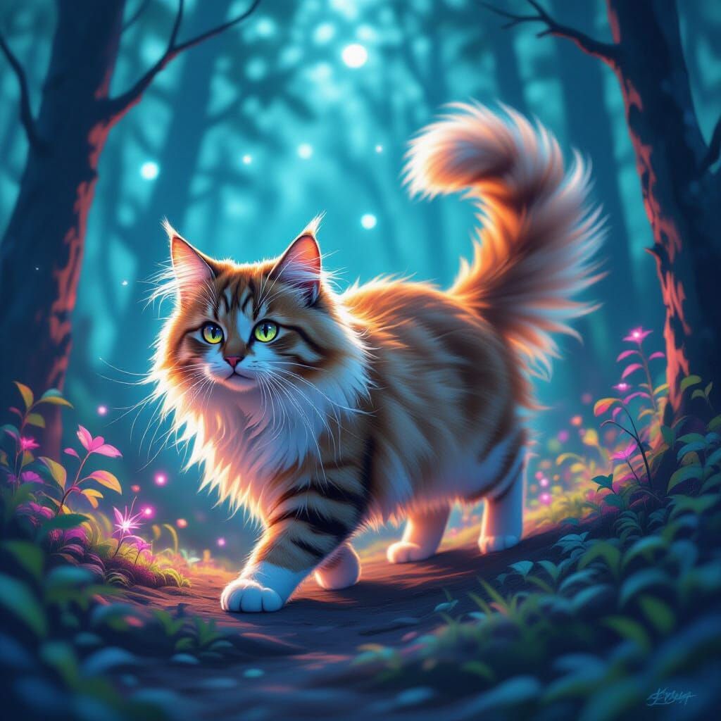 Bioluminescent Cat Merges With Forest, Dreamy Art Style