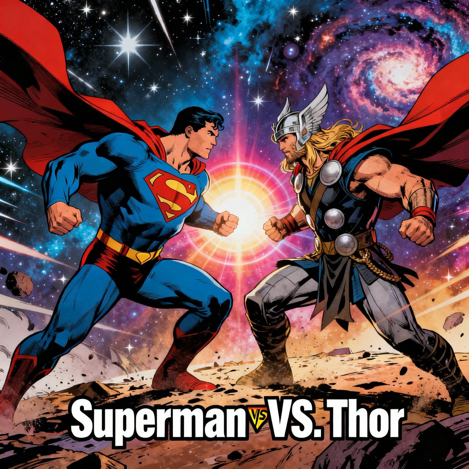 Superman and Thor Clash in Epic Cosmic Battle Movie Poster