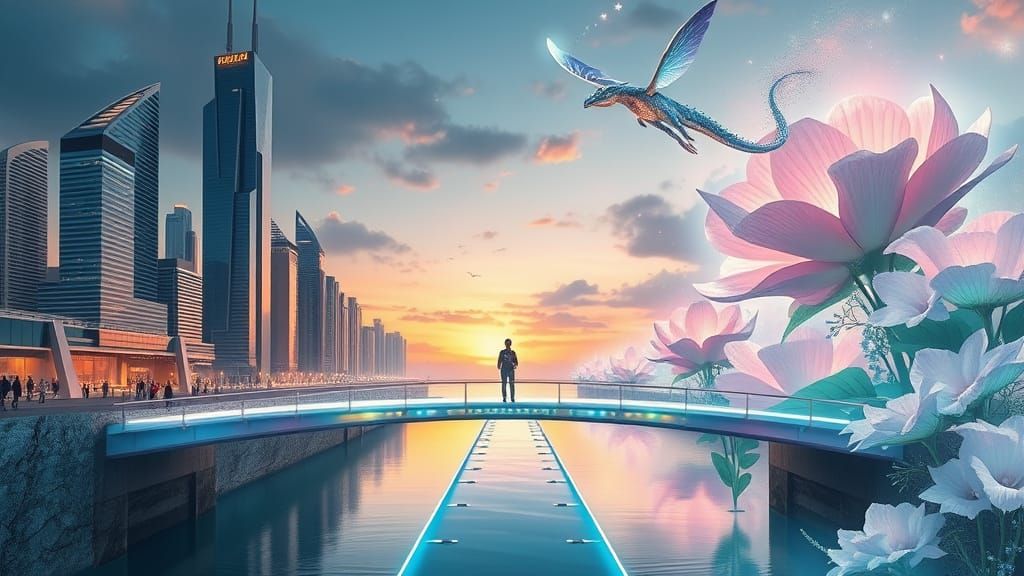 Grand Bridge Connecting Modern City to Fantasy Realm