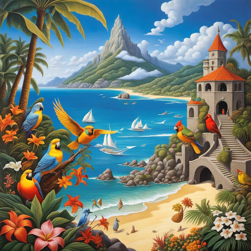 Tropical Bird Oasis in Botero Style