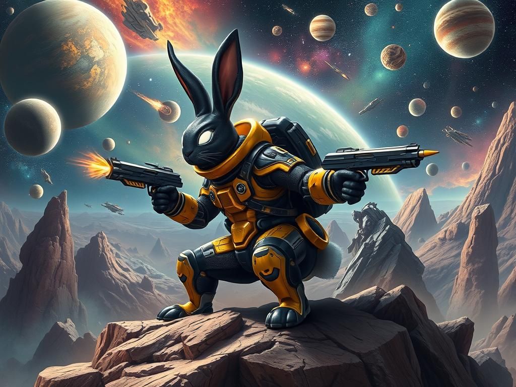 Heroic Black Rabbit in Futuristic Space Suit
