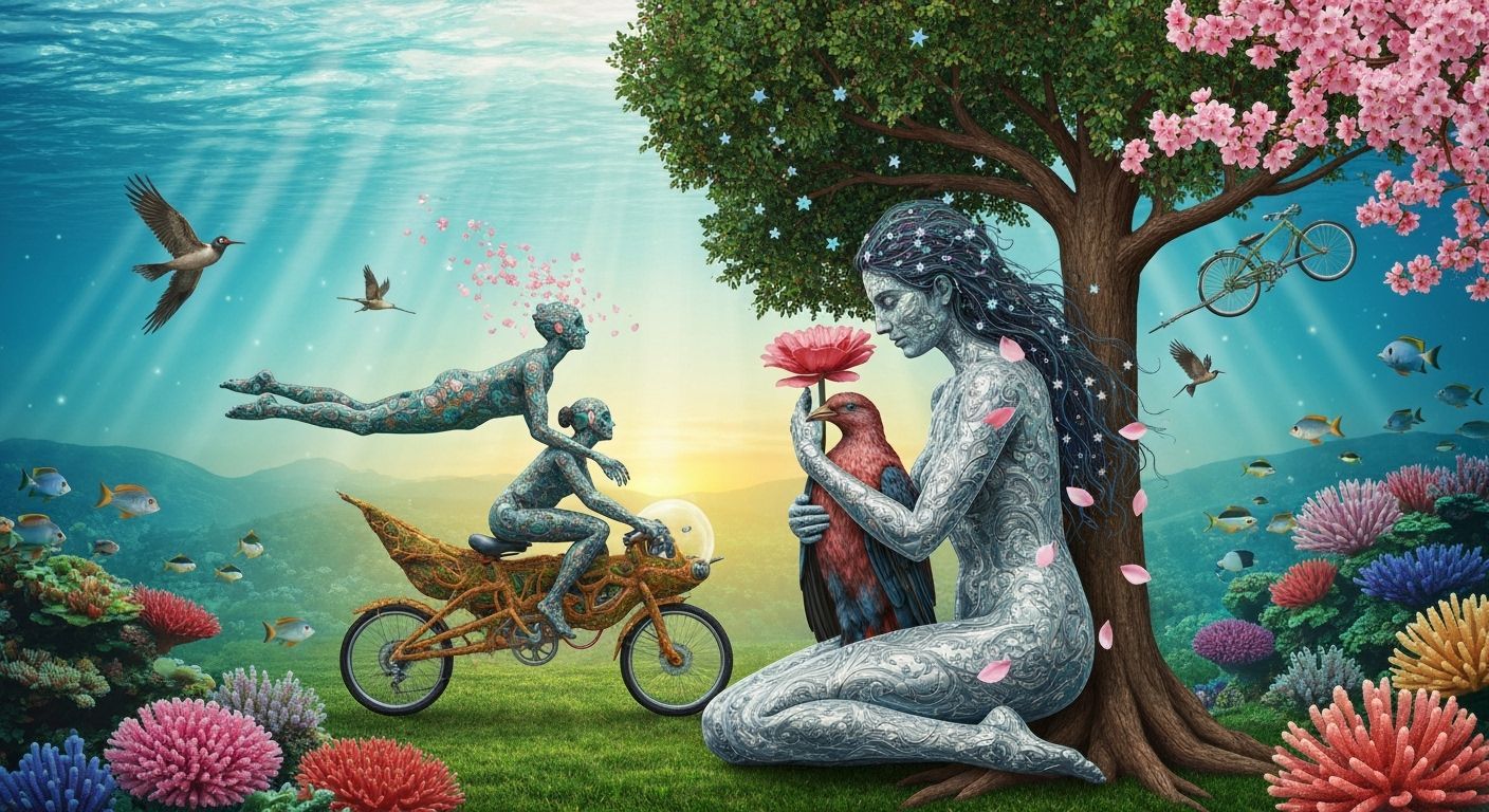 Surreal Sculpture of Woman Embracing Tree