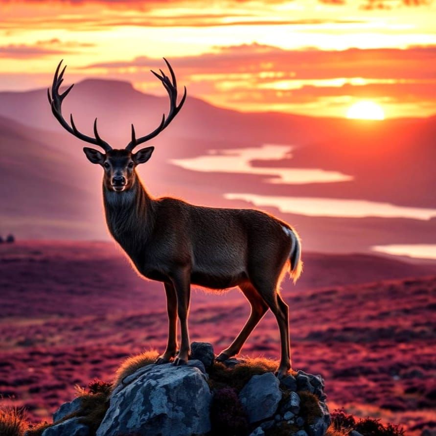 Elegant Stag in Golden Highland Sunset