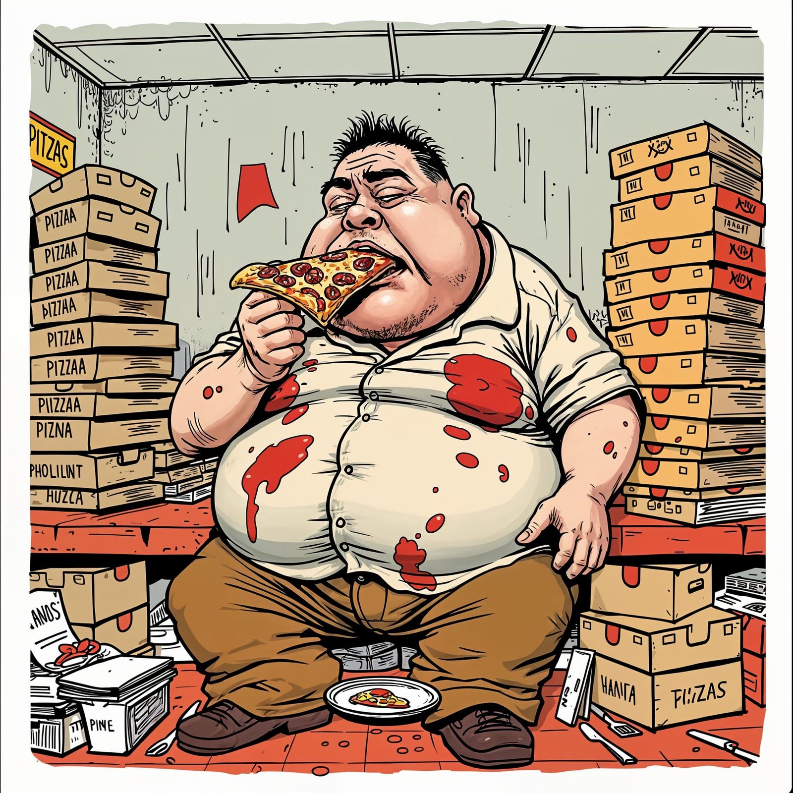 Graffiti Comic: Obese Man Eats Pizza