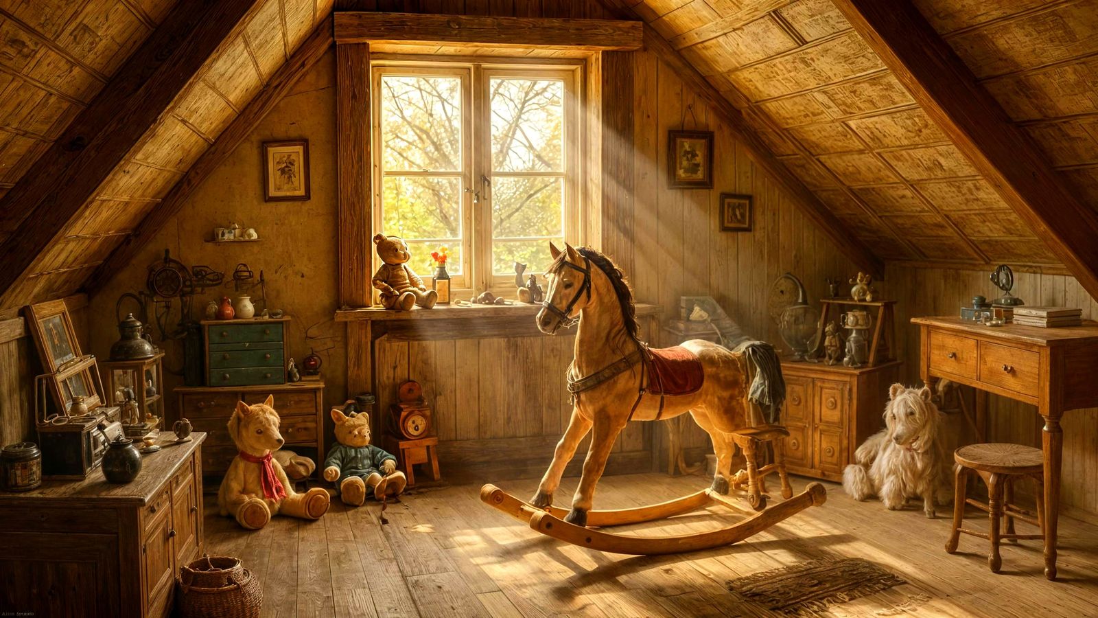Sun-Drenched Attic Room with Antique Toys in Oil Painting St...