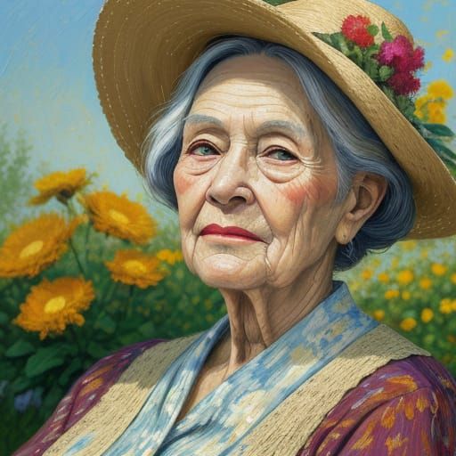 Impasto oil paint. Close-up. An elderly woman is depicted wi...