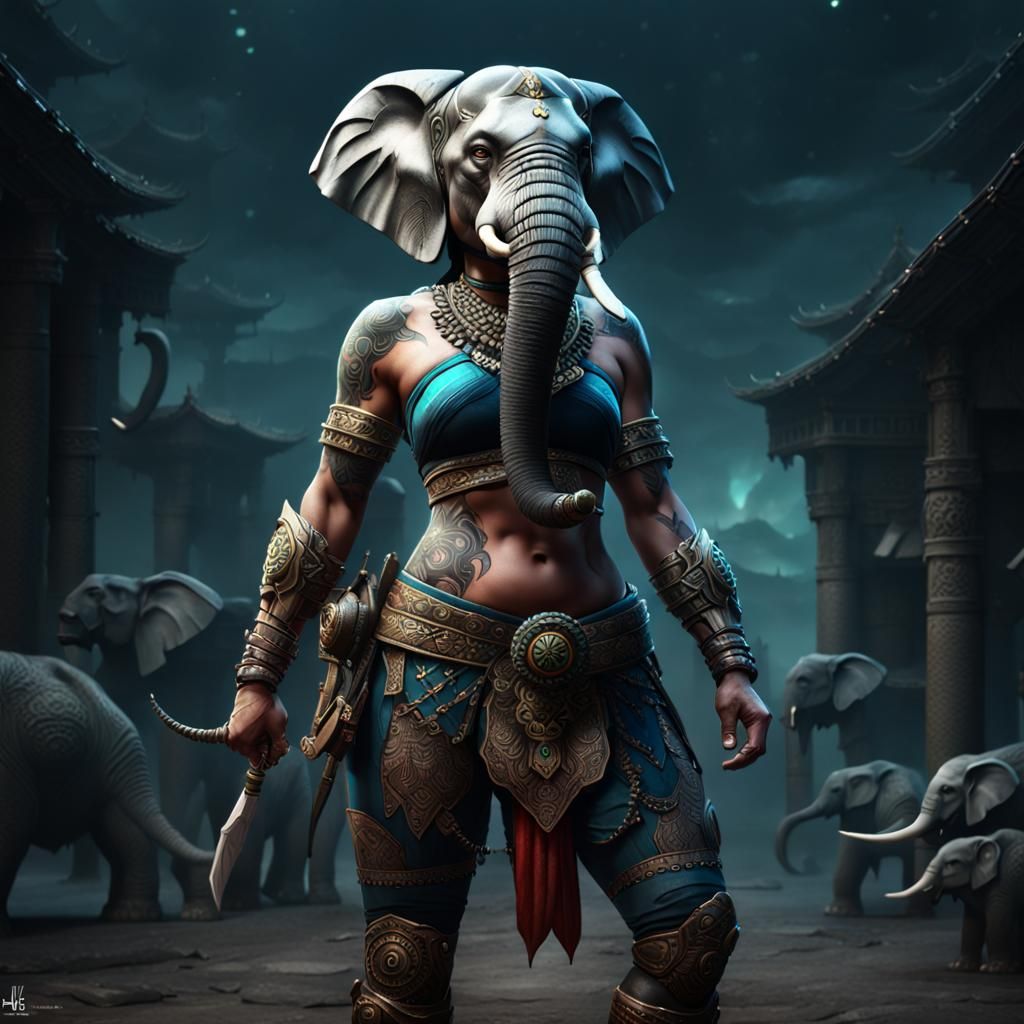 Tattooed Elephant-Headed Warrior in Detailed Matte Painting