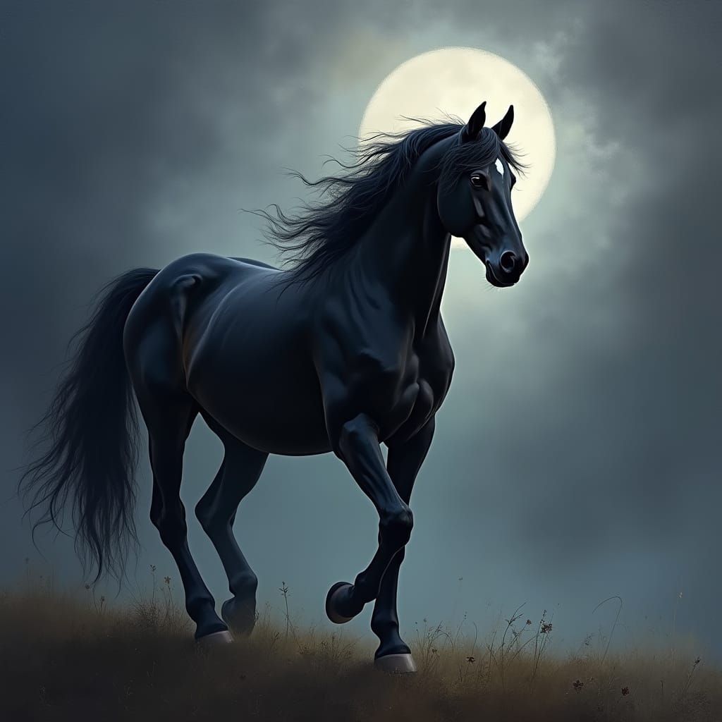 Majestic Black Friesian Horse in Moonlit Mist