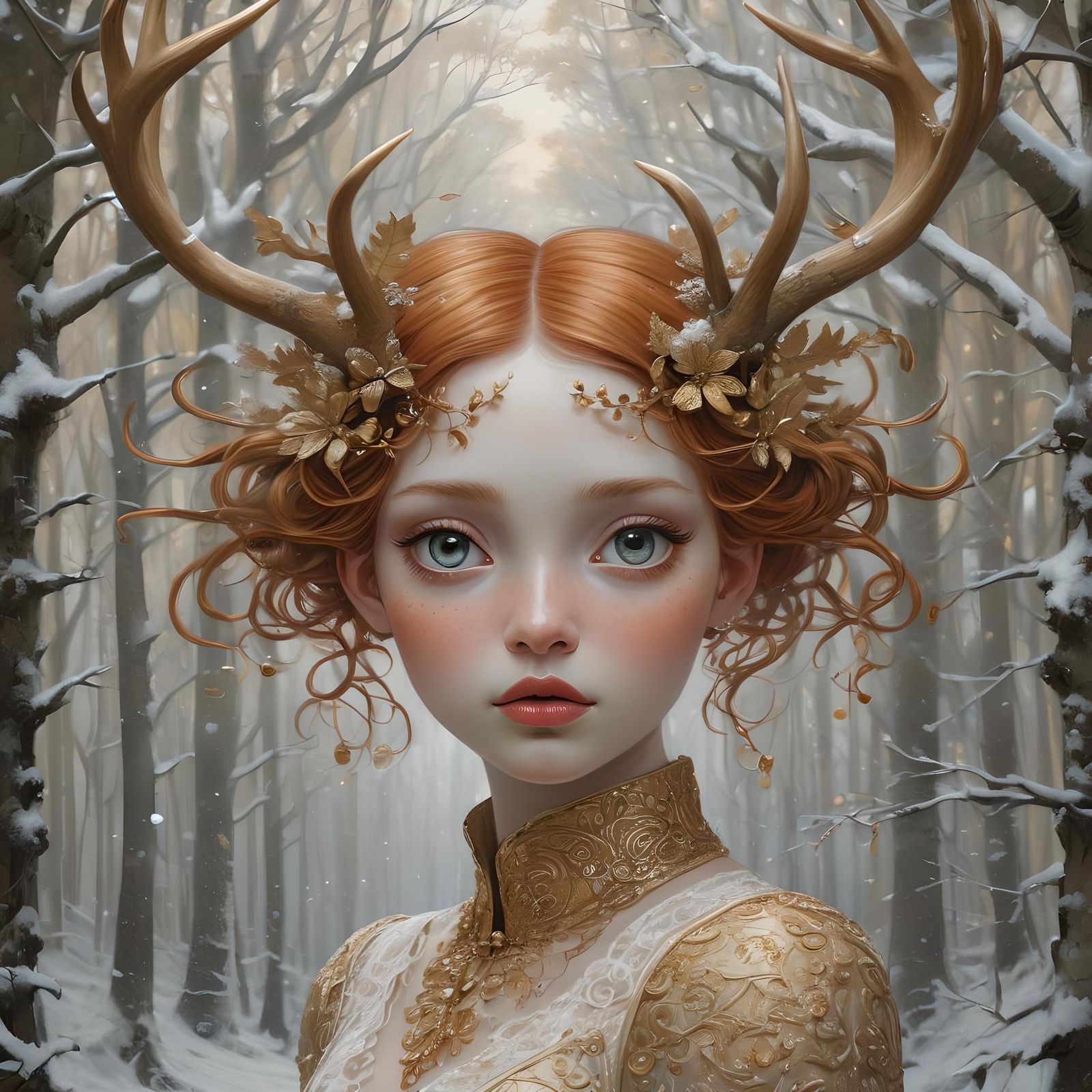 Copper-Haired Girl with Antlers and Gold Leaf