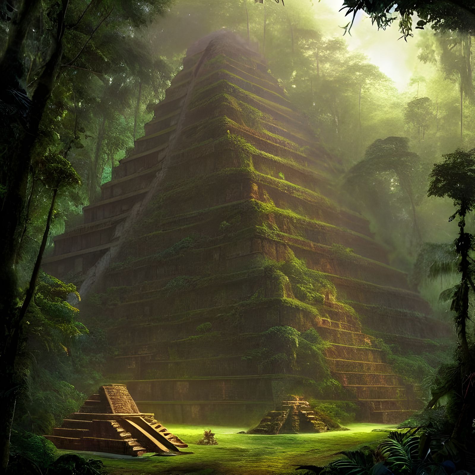 Sunlit Maya Pyramid in Dense Rainforest