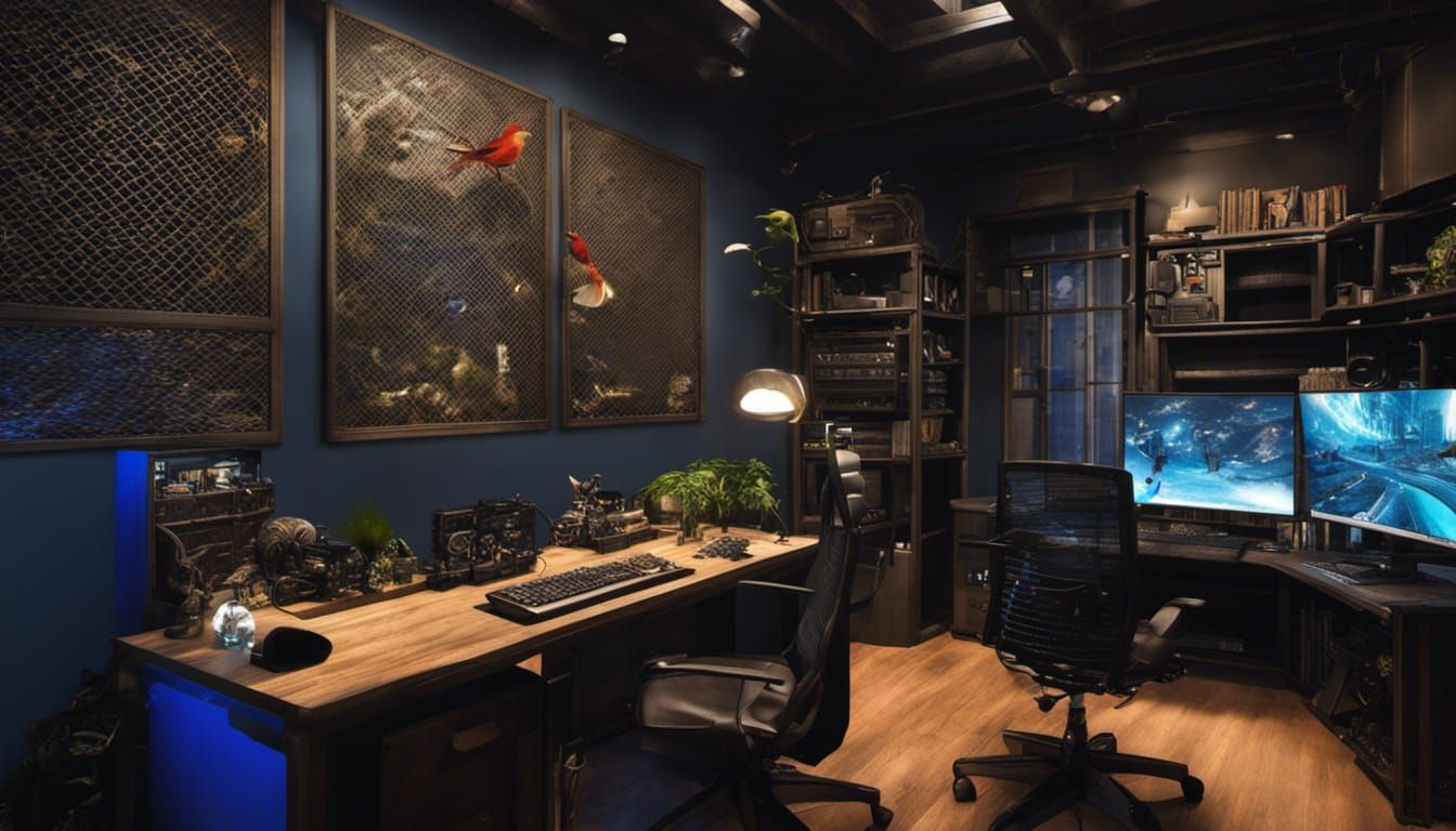 Hyperrealistic Otaku Room with Aquarium and Bird Cages