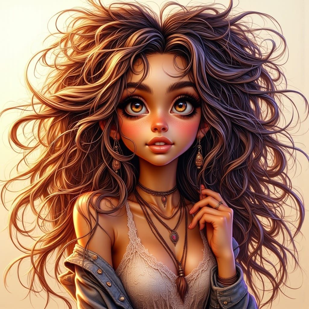 Ethnic Young Lady with Wavy Hair in Punky Pixies Style