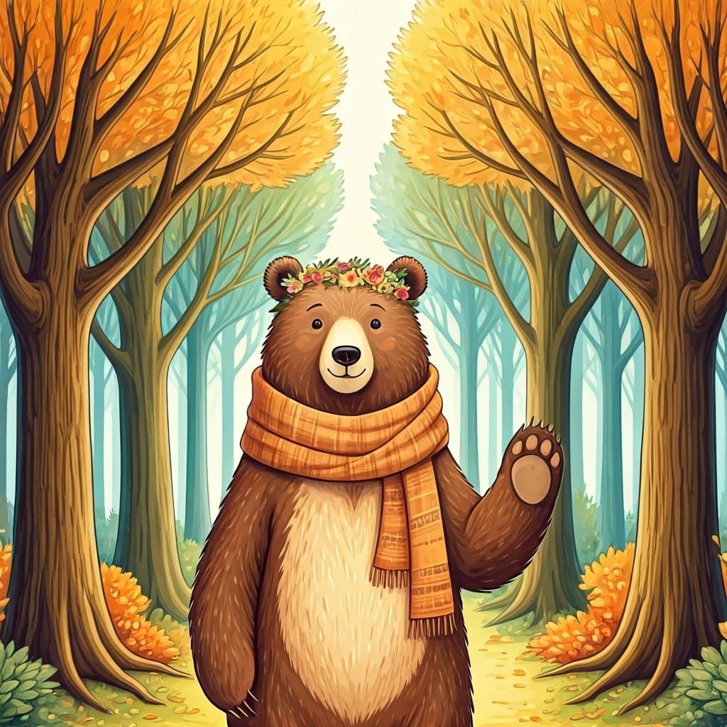 Friendly Bear Waving in Whimsical Forest
