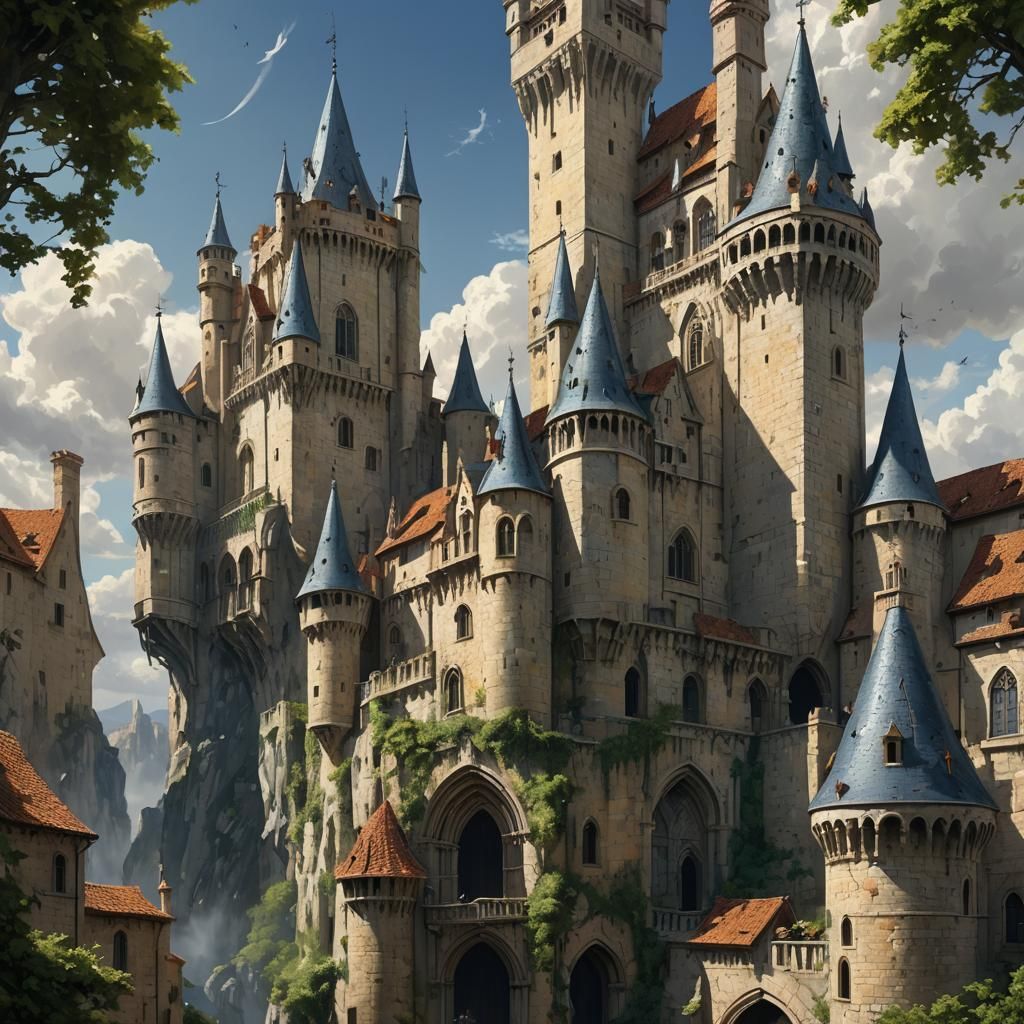 Gothic Castle in Clouds: Expressionist Concept Art