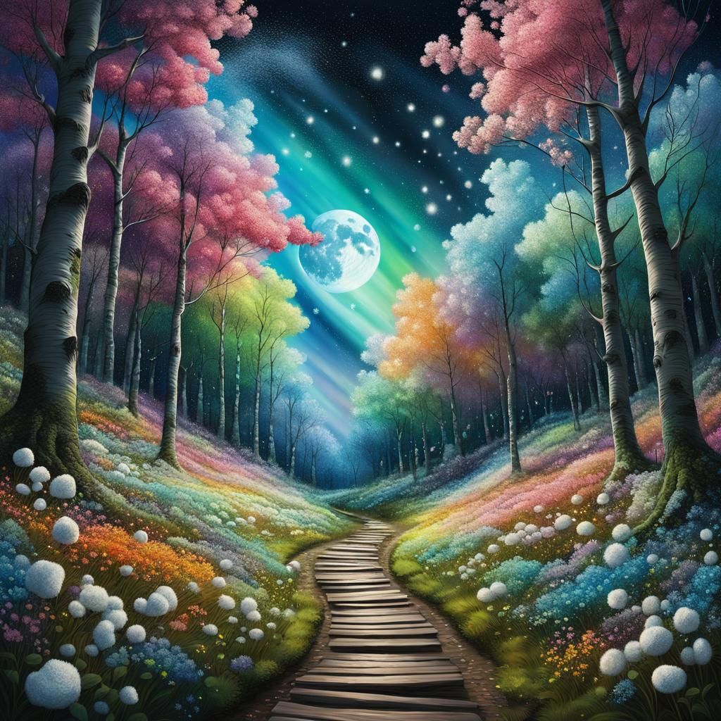 Spring Forest Path Under Aurora Borealis