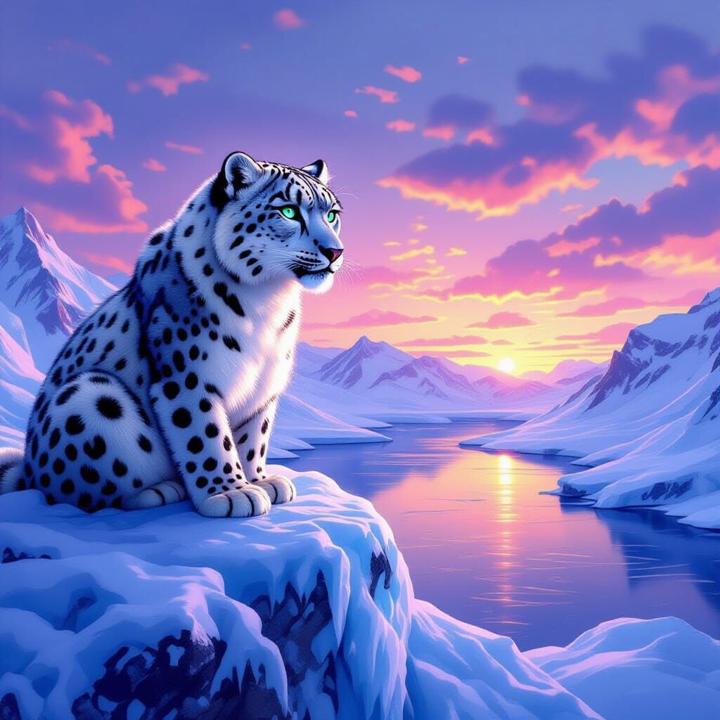 Snow Leopard on Glacier at Twilight: Digital Painting