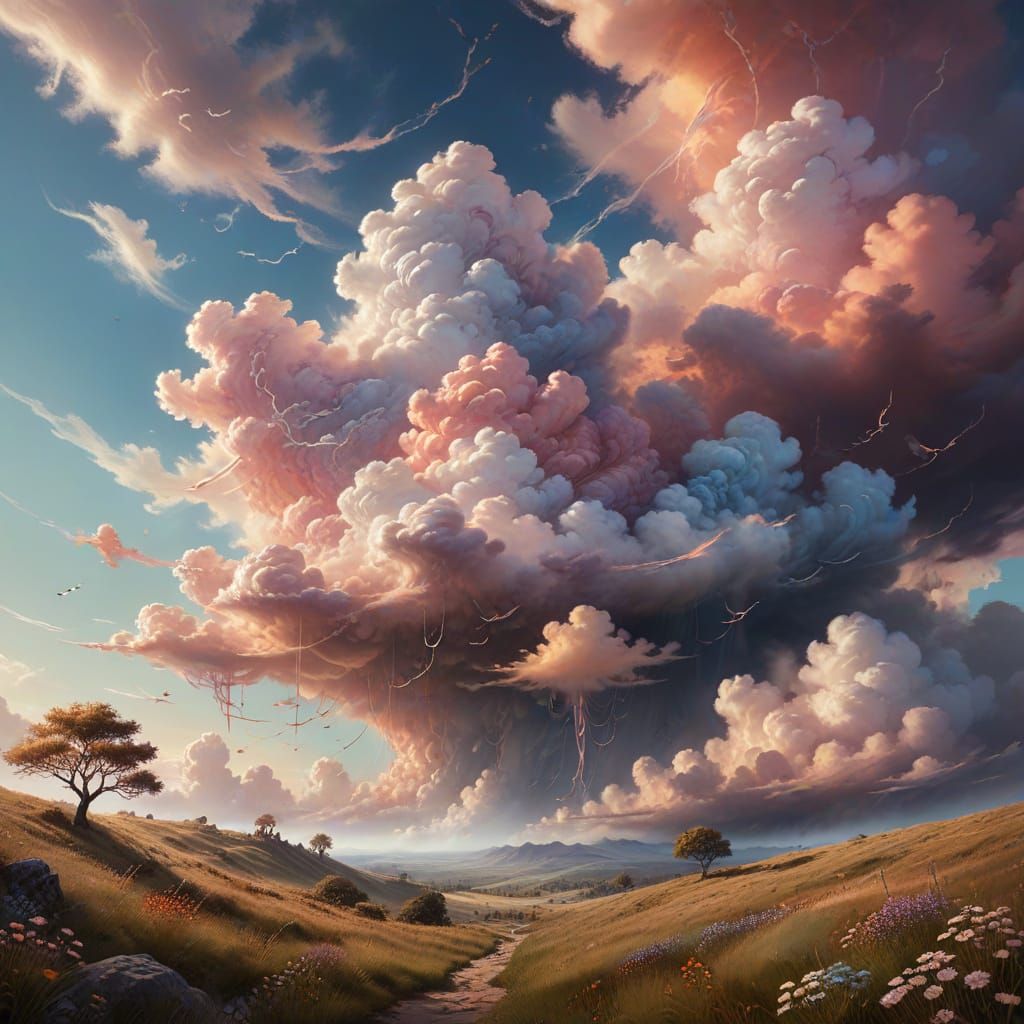 Whimsical Cloud Beings Gaze Down on Enchanted Landscape
