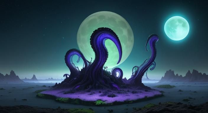 Surreal Alien Landscape with Tentacle Plants and Ice Rings