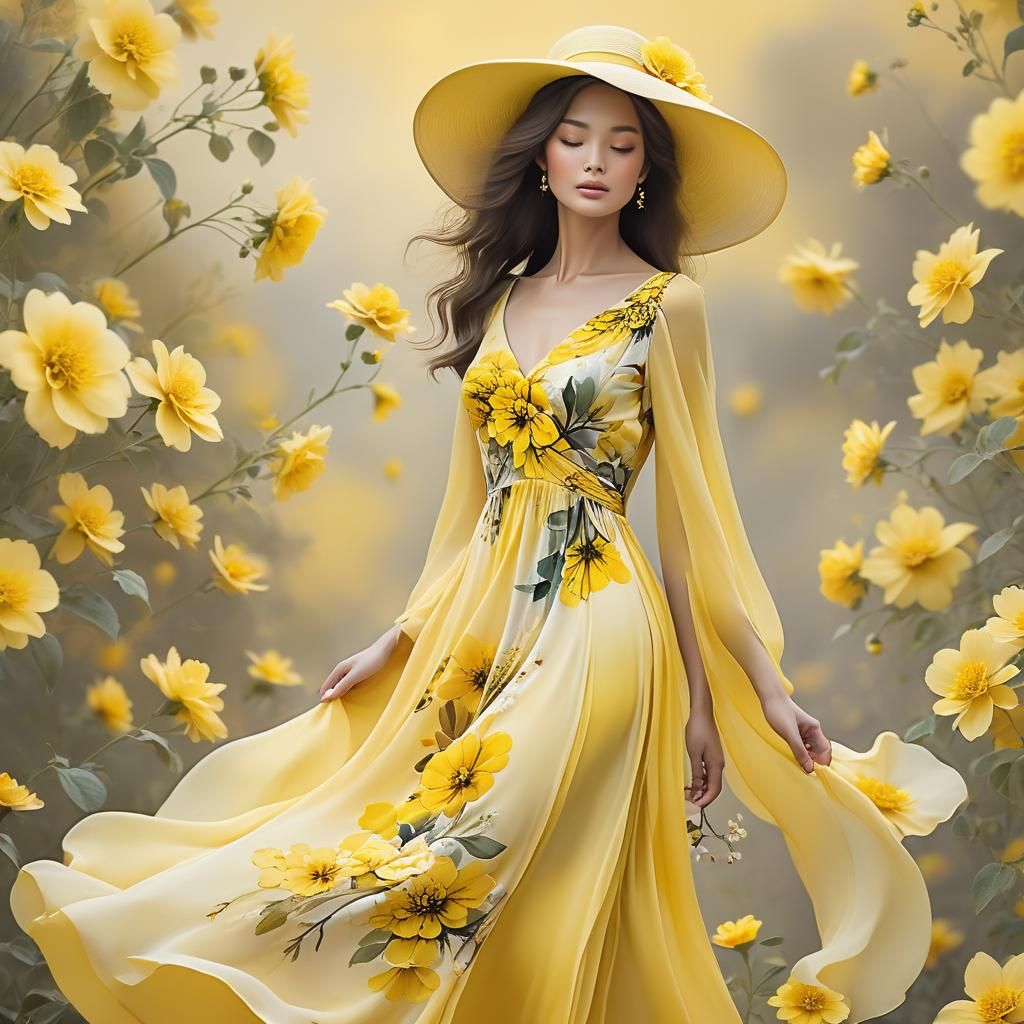 Elegant Woman in Floral Dress, Anime Style