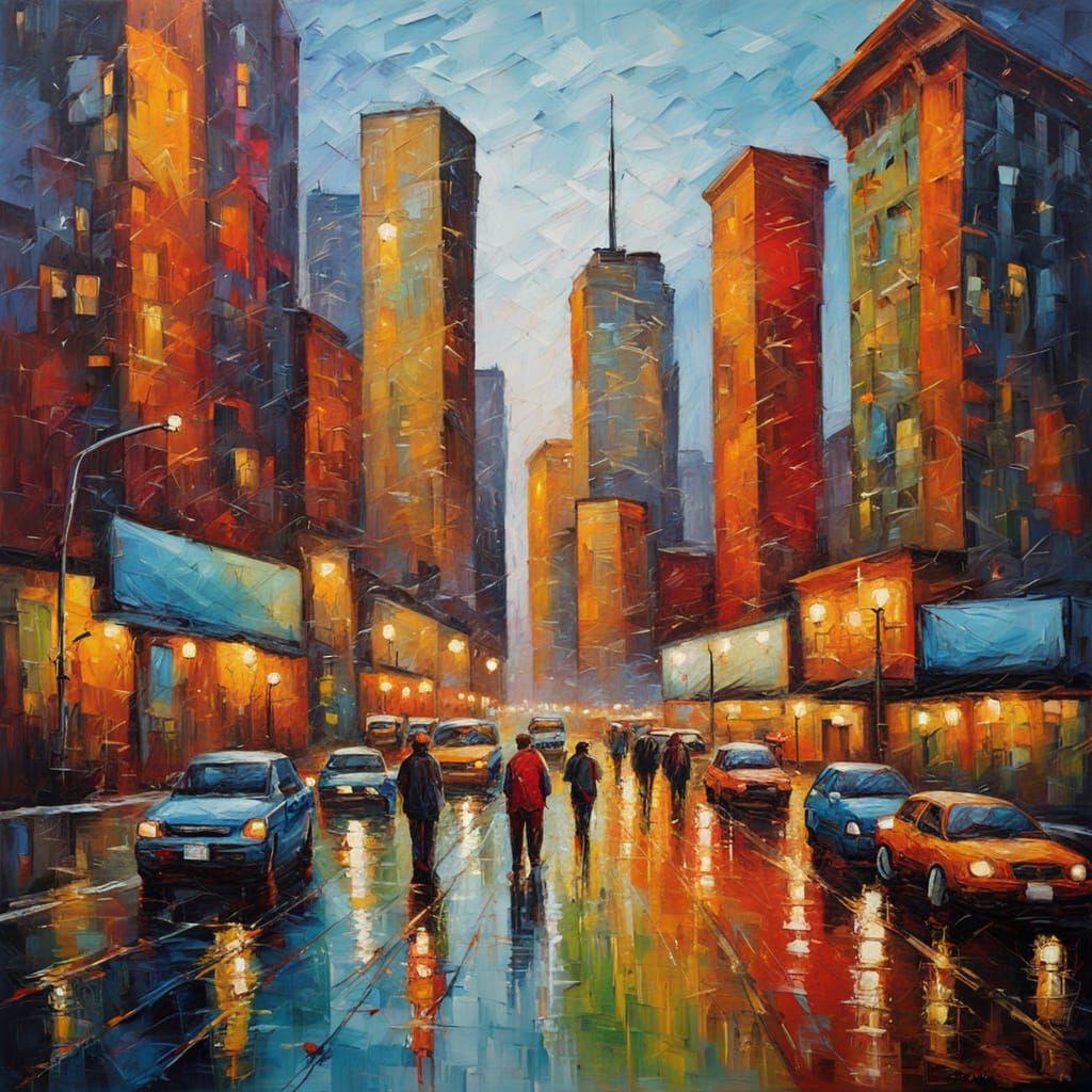 Houston Cityscape Neo-Impressionist Oil Painting