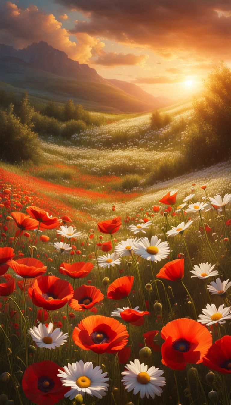 Sunlit Meadow of Daisies and Poppies