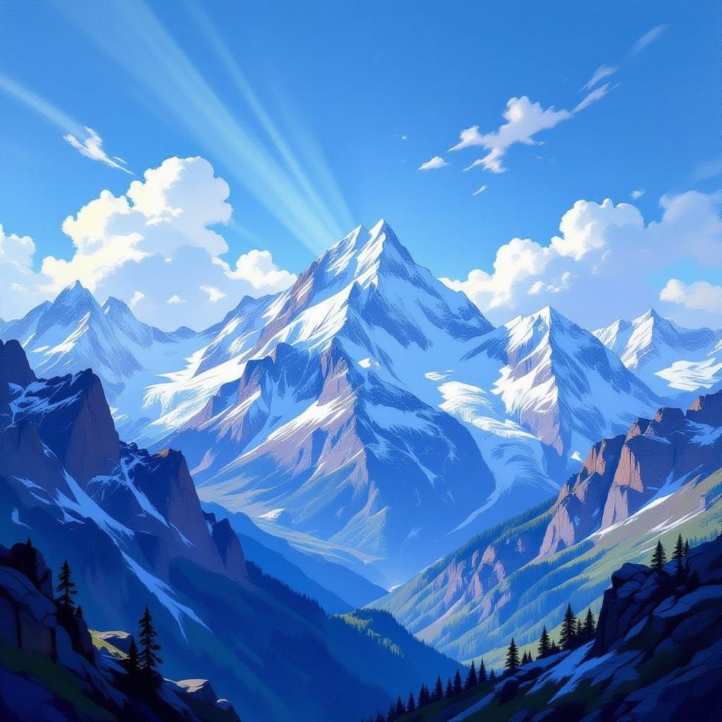 Majestic Snow-Capped Mountains in Grand Landscape Oil Painti...